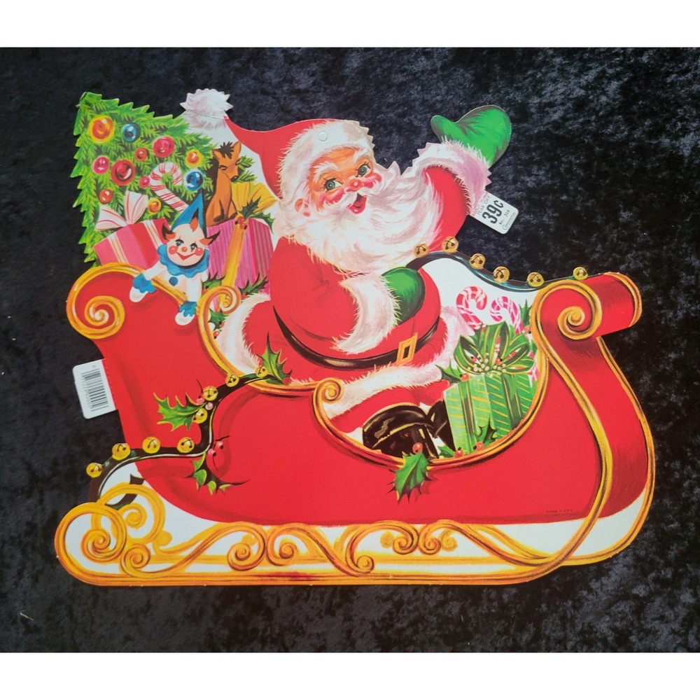 New Vintage 1960s Carrington Die Cut Christmas Santa Sleigh DecorNew Defects